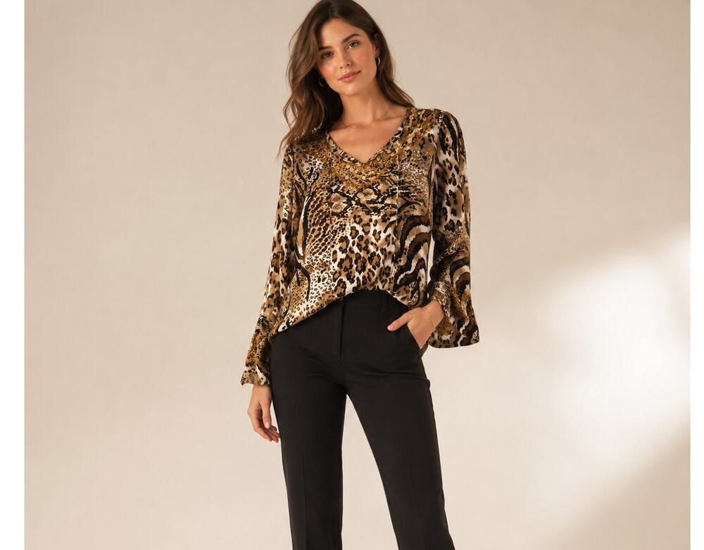 Victor Costa Silk Animal Print Silk Beaded Blouse Womens XS Tunic Vintage Brown